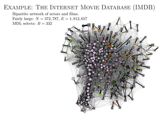 Example: The Internet Movie Database (IMDB)
135
223
72
317
32
253
63
182
46
302
66
232
133
246
8
178
116
320
161
175
53
292
14
216
6
278
12
213
108
301
156
195
128
233
50
222
104
211
146
256
162
166
119
239
21
206
115
190
154
313
155
326
38
286
152
319
89
238
9
281
49
293
93
269
153
227
23
237
57
289
151
179
71
276
19
173
137
308
60
330
69
248
42
297
134
1722
285
109
192
139
325
27
185
5
328
67
220
129
224
40
299
31
183
111
199
61
228
114
221
106
242
84
189
97
291
90
294
44
304
163
203
127
324
149
268
118
234
124
201
136
288
164
212
52
177
18
240
101
298
150 254
75
193
16
235
28
176
13
266
100
329
39
275
145
171
158
181
103
258
112
327
43
210
81
271
131
321
121
249
148
279
3
230
70
262
88
280
29
274
95
284
126
252
64
209
141
245
91
314
92
261
76
174
4
188
30
250
68
296
123
196
82
322
74
307
17
208
110
243
24
312
34
323
132
244
47
306
41
167
87
194
125
272
140
205
79
311
33
247
138 229
122
305
65
170
102
270
54
331
98
318
94
300
120
217
147
303
85
255
1
225
143
315
35
309
36
264
10
277
159
191
62
200
77
186
73
295 22
168
165
236
15
198
105
310
0
215
20
197
80
214
142
187
113
251
107
257
86
180
99
207
83
273
37
184
56
204
144
169
26
263
45
259
51
219
117287
58
290
160
202
11
316
48
282
7
267
96
231
25
265
157
260
78
226
130
283
55
241
59
218
Bipartite network of actors and ﬁlms.
Fairly large: N = 372, 787, E = 1, 812, 657
MDL selects: B = 332
 