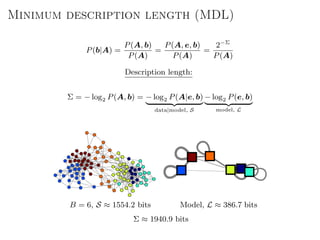 Minimum description length (MDL)
P(b|A) =
P(A, b)
P(A)
=
P(A, e, b)
P(A)
=
2−Σ
P(A)
Description length:
Σ = − log2 P(A, b) = − log2 P(A|e, b)
data|model, S
− log2 P(e, b)
model, L
B = 6, S ≈ 1554.2 bits Model, L ≈ 386.7 bits
Σ ≈ 1940.9 bits
 