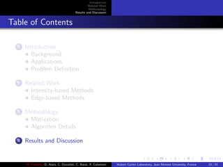 Introduction
Related Work
Methodology
Results and Discussion
Table of Contents
1 Introduction
Background
Applications
Problem Deﬁnition
2 Related Work
Intensity-based Methods
Edge-based Methods
3 Methodology
Motivation
Algorithm Details
4 Results and Discussion
M. Elawady, O. Alata, C. Ducottet, C. Barat, P. Colantoni Hubert Curien Laboratory, Jean Monnet University, France 23 / 33
 