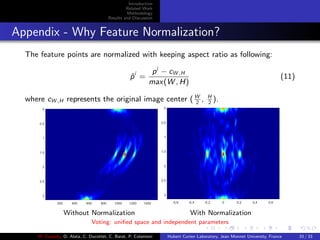 Introduction
Related Work
Methodology
Results and Discussion
Appendix - Why Feature Normalization?
The feature points are normalized with keeping aspect ratio as following:
ˆpi
=
pi
− cW ,H
max(W , H)
(11)
where cW ,H represents the original image center (W
2
, H
2
).
Without Normalization With Normalization
Voting: uniﬁed space and independent parameters
M. Elawady, O. Alata, C. Ducottet, C. Barat, P. Colantoni Hubert Curien Laboratory, Jean Monnet University, France 33 / 33
 