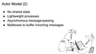Actor Model (2)
● No shared state
● Lightweight processes
● Asynchronous message-passing
● Mailboxes to buffer incoming messages
 