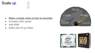 Scale up
● Make a single node as fast as possible
● Increase clock speed
● Add RAM
● Make disk I/O go faster
 