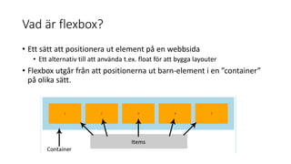 Vad är flexbox?
• Ett sätt att positionera ut element på en webbsida
• Ett alternativ till att använda t.ex. float för att bygga layouter
• Flexbox utgår från att positionerna ut barn-element i en ”container”
på olika sätt.
 