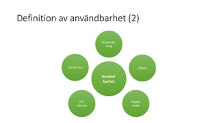 Definition av användbarhet (2)
Använd-
barhet
Lätt att lära Effektiv
Ändamåls-
enlig
Fel-
tolerans
Engage-
rande
 