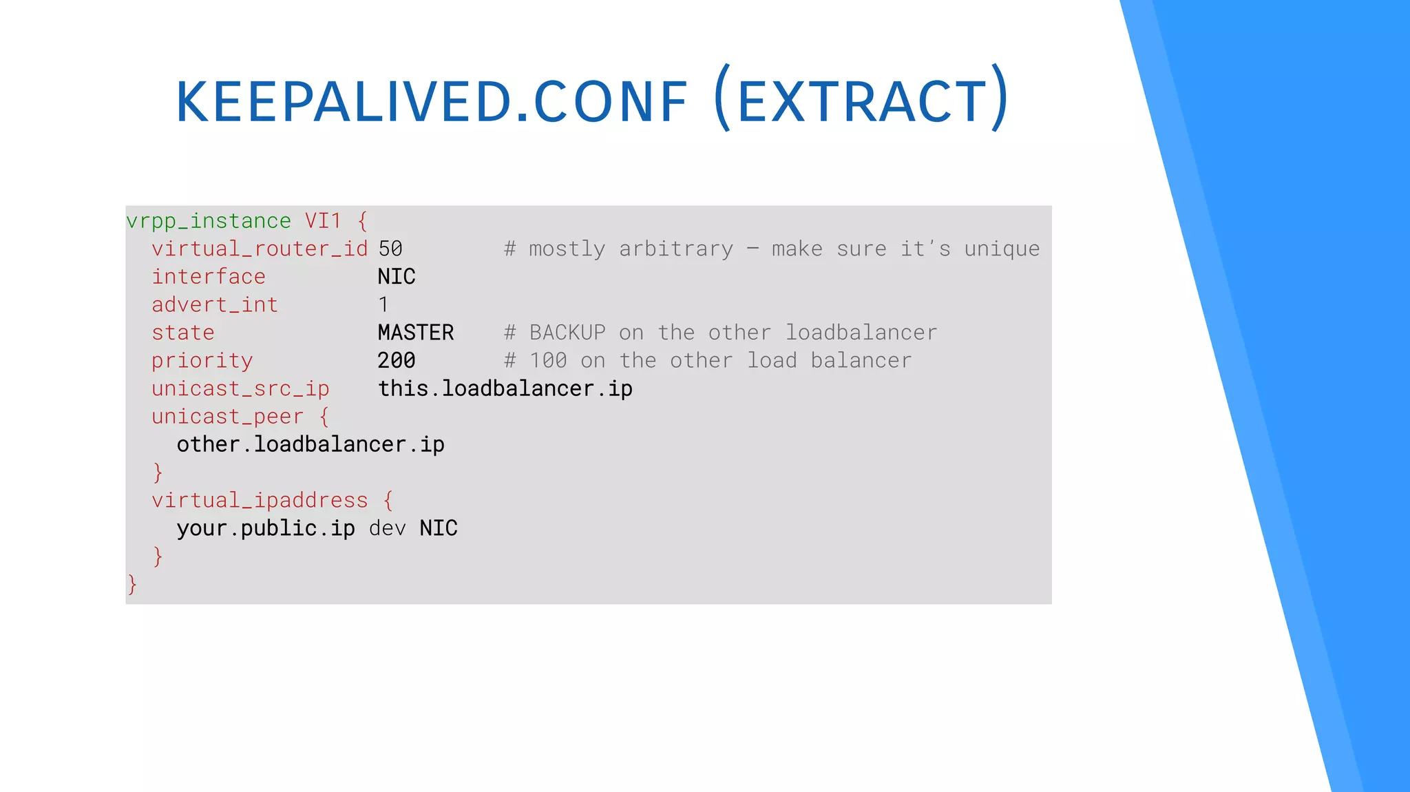 keepalived.conf (extract)
vrpp_instance VI1 {
virtual_router_id 50 # mostly arbitrary – make sure it’s unique
interface NIC
advert_int 1
state MASTER # BACKUP on the other loadbalancer
priority 200 # 100 on the other load balancer
unicast_src_ip this.loadbalancer.ip
unicast_peer {
other.loadbalancer.ip
}
virtual_ipaddress {
your.public.ip dev NIC
}
}
 
