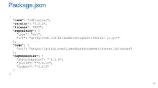 Package.json
{
"name": "ldf-server",
"version": "2.2.2",
"license": "MIT",
"repository": {
"type": "git",
"url": "git@github.com:LinkedDataFragments/Server.js.git"
},
"bugs": {
"url": "https://github.com/LinkedDataFragments/Server.js/issues"
},
"dependencies": {
"asynciterator": "^1.1.0",
"jsonld": "^0.4.11",
"lodash": "^2.4.2"
}
}
19
 