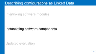 Describing configurations as Linked Data
Interlinking software modules
Instantiating software components
Updated evaluation
23
 