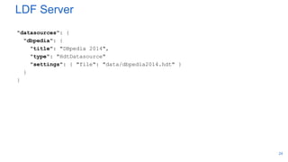 LDF Server
"datasources": {
"dbpedia": {
"title": "DBpedia 2014",
"type": "HdtDatasource"
"settings": { "file": "data/dbpedia2014.hdt" }
}
}
24
 