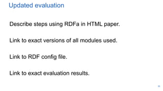 Updated evaluation
Describe steps using RDFa in HTML paper.
Link to exact versions of all modules used.
Link to RDF config file.
Link to exact evaluation results.
35
 