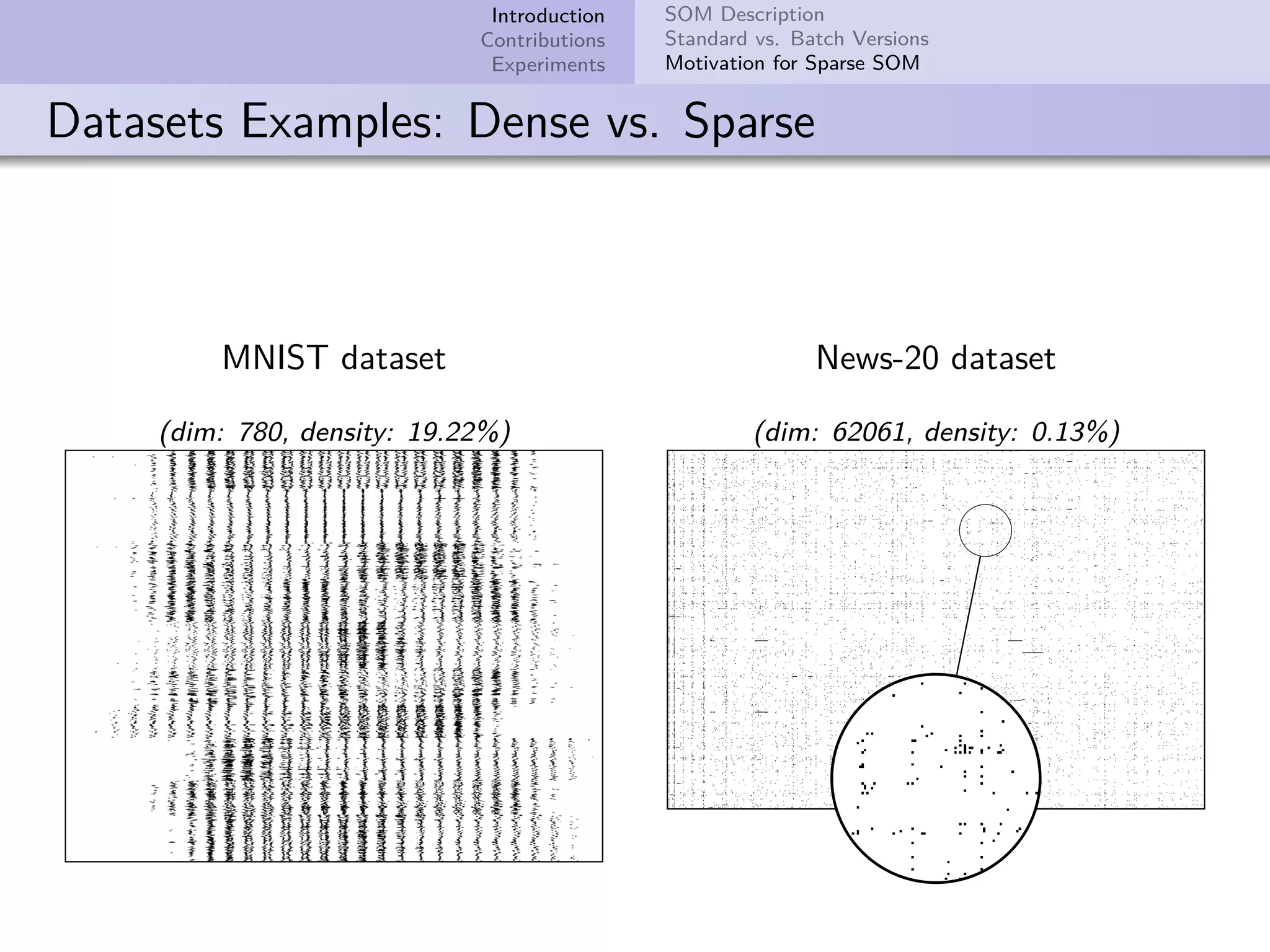 Introduction Contributions Experiments SOM Description Standard vs. Batch Versions Motivation for Sparse SOM Datasets Examples: Dense vs. Sparse MNIST dataset (dim: 780, density: 19.22%) News-20 dataset (dim: 62061, density: 0.13%) 