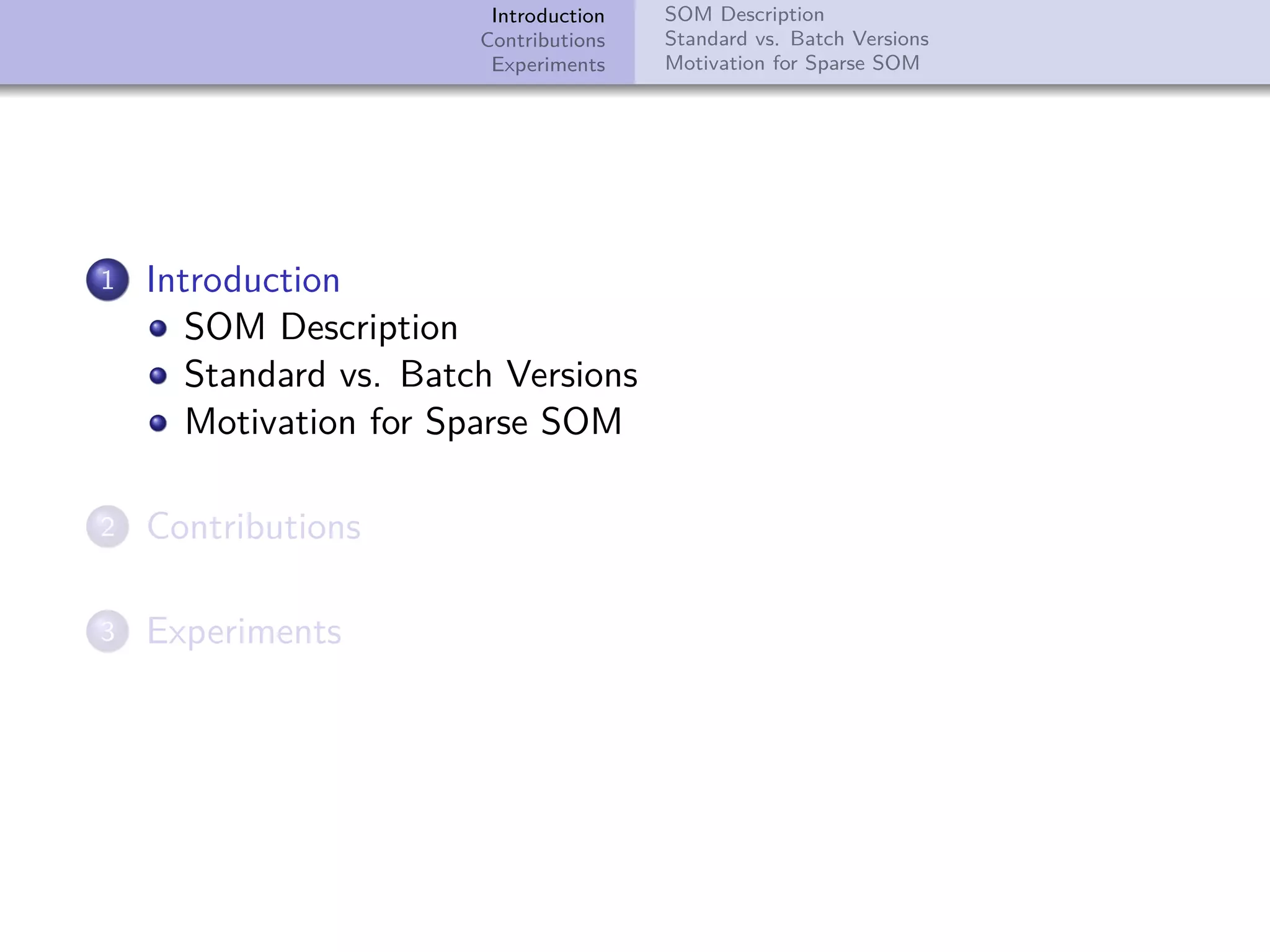 Introduction Contributions Experiments SOM Description Standard vs. Batch Versions Motivation for Sparse SOM 1 Introduction SOM Description Standard vs. Batch Versions Motivation for Sparse SOM 2 Contributions 3 Experiments 