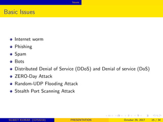 Issues
Basic Issues
Internet worm
Phishing
Spam
Bots
Distributed Denial of Service (DDoS) and Denial of service (DoS)
ZERO-Day Attack
Random-UDP Flooding Attack
Stealth Port Scanning Attack
SUJEET KUMAR (31703218) PRESENTATION October 29, 2017 15 / 34
 