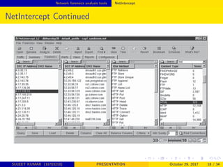 Network forensics analysis tools NetIntercept
NetIntercept Continued
SUJEET KUMAR (31703218) PRESENTATION October 29, 2017 18 / 34
 