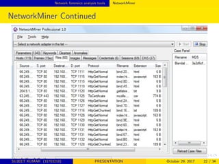 Network forensics analysis tools NetworkMiner
NetworkMiner Continued
SUJEET KUMAR (31703218) PRESENTATION October 29, 2017 22 / 34
 