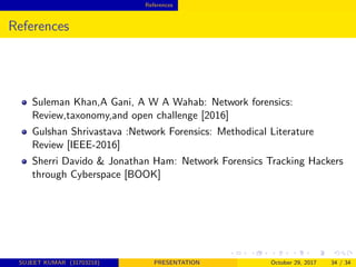 References
References
Suleman Khan,A Gani, A W A Wahab: Network forensics:
Review,taxonomy,and open challenge [2016]
Gulshan Shrivastava :Network Forensics: Methodical Literature
Review [IEEE-2016]
Sherri Davido & Jonathan Ham: Network Forensics Tracking Hackers
through Cyberspace [BOOK]
SUJEET KUMAR (31703218) PRESENTATION October 29, 2017 34 / 34
 