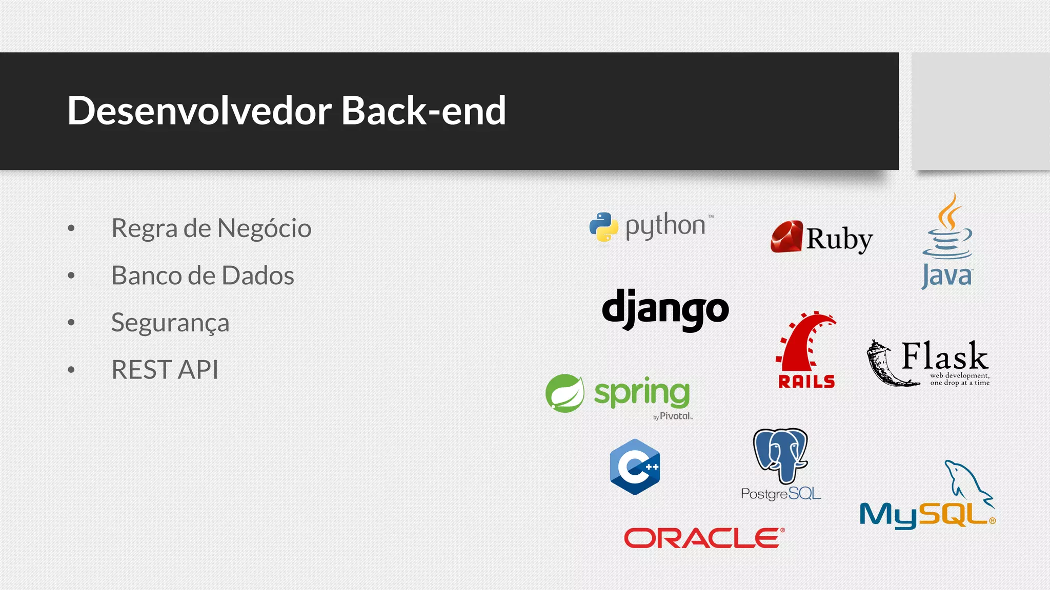 Desenvolvedor Back-end
• Regra de Negócio
• Banco de Dados
• Segurança
• REST API
 
