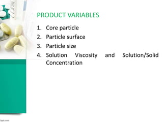 PRODUCT VARIABLES
1. Core particle
2. Particle surface
3. Particle size
4. Solution Viscosity and Solution/Solid
Concentration
 