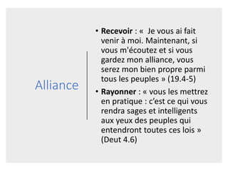 Alliance
• Recevoir : « Je vous ai fait
venir à moi. Maintenant, si
vous m'écoutez et si vous
gardez mon alliance, vous
serez mon bien propre parmi
tous les peuples » (19.4-5)
• Rayonner : « vous les mettrez
en pratique : c’est ce qui vous
rendra sages et intelligents
aux yeux des peuples qui
entendront toutes ces lois »
(Deut 4.6)
 