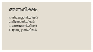 അന്തരീക്ഷം
1.സ്ട്രാറ്റാസ്ടഫിയർ
2.മിറ് ാസ്ടഫിയർ
3.തെരറ്മാസ്ടഫിയർ
4.റ്്രാറ്പാസ്ടഫിയർ
 