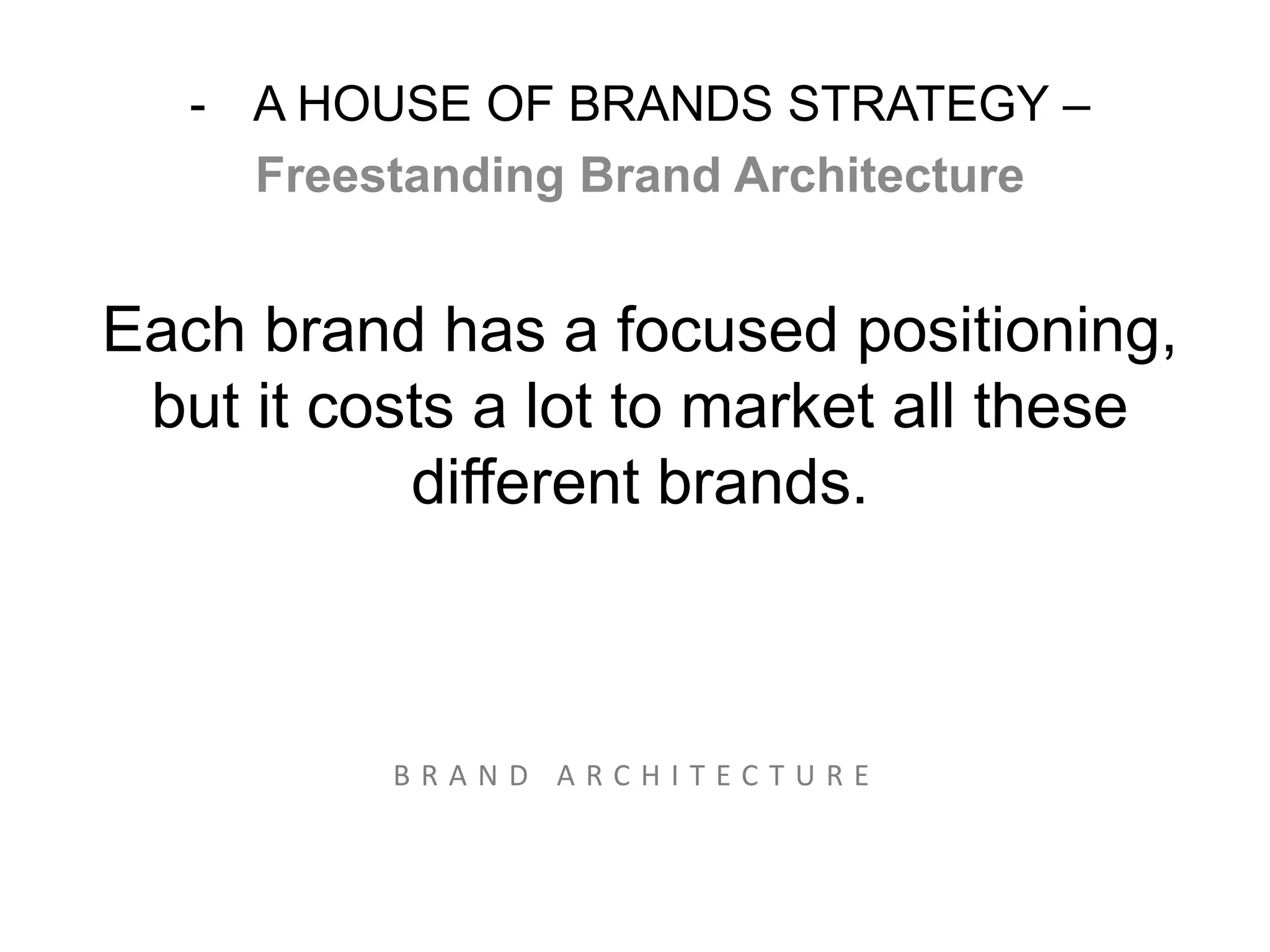 - A HOUSE OF BRANDS STRATEGY – 
Freestanding Brand Architecture 
Each brand has a focused positioning, 
but it costs a lot to market all these 
different brands. 
= 
B R A N D A R C H I T E C T U R E 
 
