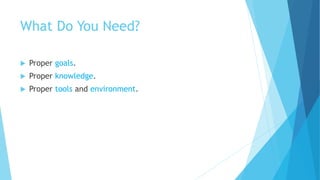 What Do You Need?
 Proper goals.
 Proper knowledge.
 Proper tools and environment.
 