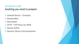 Analysis Lab
Anything you need to prepare
 Android Device / Emulator
 Disassembler
 Decompiler
 HTTP / TCP Proxy for MITM
 Packet Sniffer
 Dynamic Binary Instrumentation
 