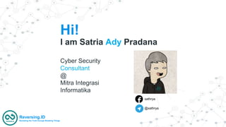 Hi!
I am Satria Ady Pradana
Cyber Security
Consultant
@
Mitra Integrasi
Informatika
xathrya
@xathrya
Reversing.ID
Revealing the Truth through Breaking Things
 
