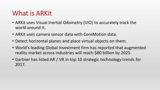 • ARKit uses Visual Inertial Odometry (VIO) to accurately track the
world around it.
• ARKit uses camera sensor data with CoreMotion data.
• Detect horizontal planes and place virtual objects on them.
• World's leading Global Investment firm has reported that augmented
reality market across industries will reach $80 billion by 2025.
• Gartner has listed AR / VR in top 10 strategic technology trends for
2017.
 
