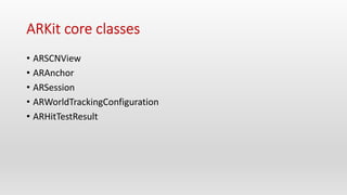 • ARSCNView
• ARAnchor
• ARSession
• ARWorldTrackingConfiguration
• ARHitTestResult
 