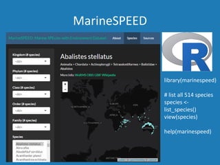 library(marinespeed)
# list all 514 species
species <-
list_species()
view(species)
help(marinespeed)
MarineSPEED
 