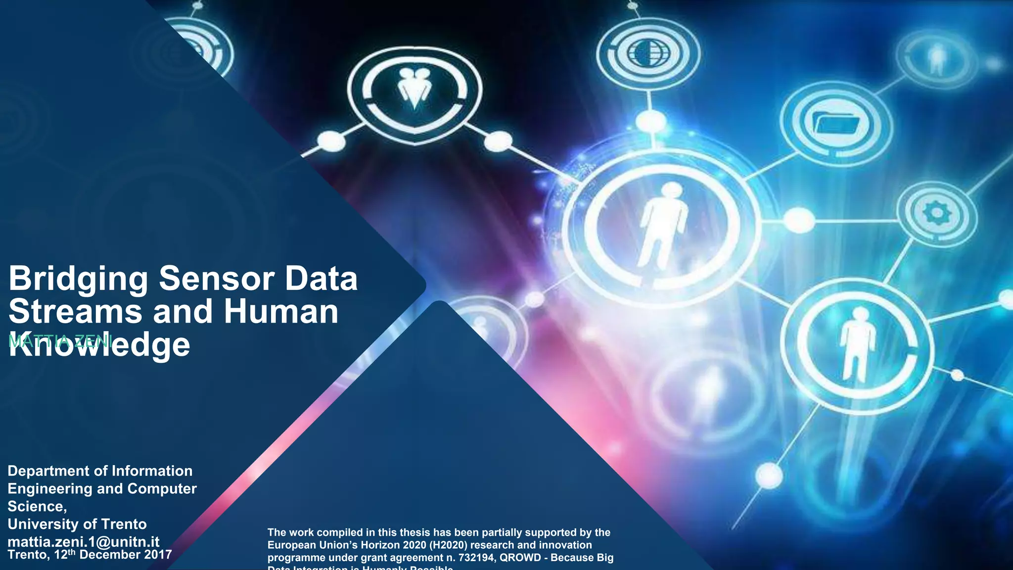 Bridging Sensor Data
Streams and Human
KnowledgeMATTIA ZENI
Trento, 12th December 2017
Department of Information
Engineering and Computer
Science,
University of Trento
mattia.zeni.1@unitn.it
The work compiled in this thesis has been partially supported by the
European Union’s Horizon 2020 (H2020) research and innovation
programme under grant agreement n. 732194, QROWD - Because Big
 