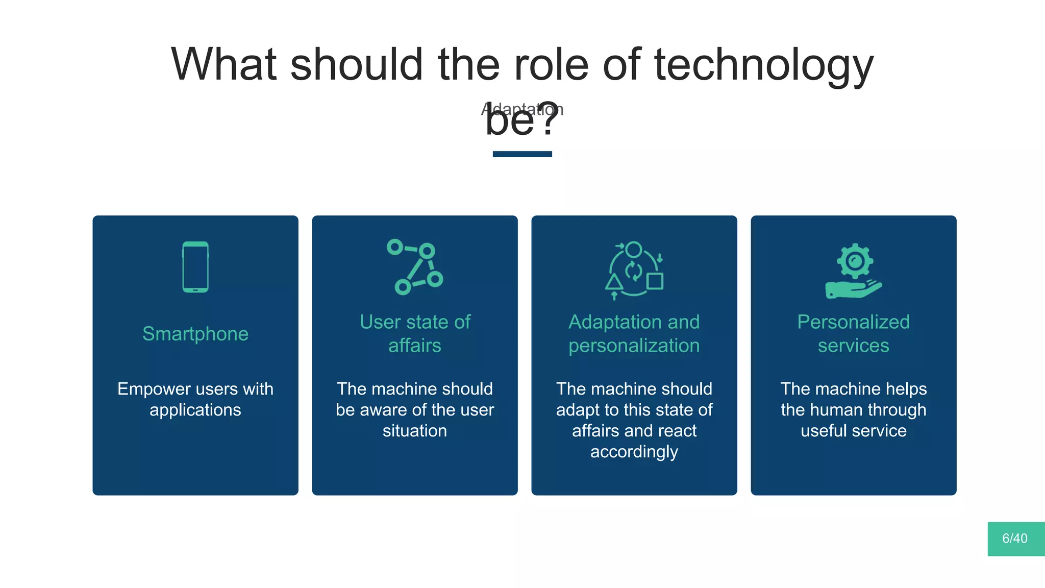 Adaptation
What should the role of technology
be?
Smartphone
User state of
affairs
The machine should
be aware of the user
situation
Adaptation and
personalization
The machine should
adapt to this state of
affairs and react
accordingly
Personalized
services
The machine helps
the human through
useful service
6/40
Empower users with
applications
 