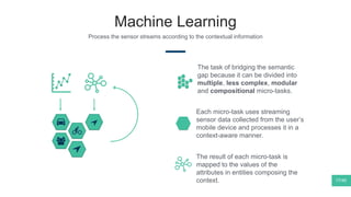 Machine Learning
Process the sensor streams according to the contextual information
The task of bridging the semantic
gap because it can be divided into
multiple, less complex, modular
and compositional micro-tasks.
Each micro-task uses streaming
sensor data collected from the user’s
mobile device and processes it in a
context-aware manner.
The result of each micro-task is
mapped to the values of the
attributes in entities composing the
context. 17/40
 