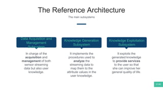 The Reference Architecture
The main subsystems
Data Acquisition and
Management
Subsystem
In charge of the
acquisition and
management of both
sensor streaming
data but also user
knowledge.
Knowledge Generation
Subsystem
It implements the
procedures used to
analyze the
streaming data to
map them to the
attribute values in the
user knowledge.
Knowledge Exploitation
Subsystem
It exploits the
generated knowledge
to provide services
to the user so that
she can improve her
general quality of life.
21/40
 