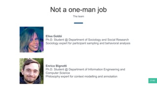 Not a one-man job
The team
31/40
Elisa Gobbi
Ph.D. Student @ Department of Sociology and Social Research
Sociology expert for participant sampling and behavioral analysis
Enrico Bignotti
Ph.D. Student @ Department of Information Engineering and
Computer Science
Philosophy expert for context modelling and annotation
 