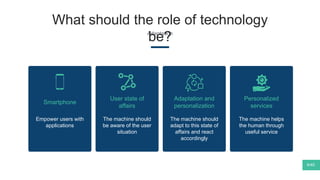 Adaptation
What should the role of technology
be?
Smartphone
User state of
affairs
The machine should
be aware of the user
situation
Adaptation and
personalization
The machine should
adapt to this state of
affairs and react
accordingly
Personalized
services
The machine helps
the human through
useful service
6/40
Empower users with
applications
 