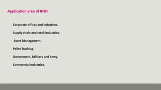 Application area of RFID
Corporate offices and industries.
Supply chain and retail industries.
Asset Management.
Pallet Tracking.
Government, Military and Army.
Commercial Industries.
 