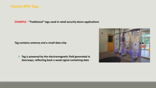Passive RFID Tags
EXAMPLE: “Traditional” tags used in retail security doors applications
Tag contains antenna and a small data chip
 Tag is powered by the electromagnetic field generated in
doorways, reflecting back a weak signal containing data
 
