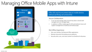 Sensitivity: Internal
Office365andIntuneprotectdataonmobiledevices
withoutsacrificinguserproductivity
Secure Collaboration
• IT can set and manage policy around how data is shared with
managed and non-managed apps
• In addition to Office mobile apps for iOS and Android, Intune will
support management of LOB iOS and Android apps
Rich Office Experience
• Give users familiar, full-featured Office applications
• Maintain document formatting across platforms
• Securely store, sync, and share content via OneDrive for Business
Managing Office Mobile Apps with Intune
Personal
Corporate
 