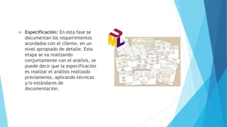  Especificación: En esta fase se
documentan los requerimientos
acordados con el cliente, en un
nivel apropiado de detalle. Esta
etapa se va realizando
conjuntamente con el análisis, se
puede decir que la especificación
es realizar el análisis realizado
previamente, aplicando técnicas
y/o estándares de
documentación.
 