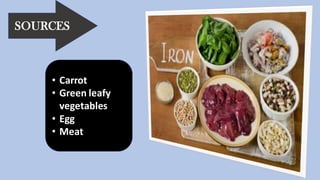 SOURCES
• Carrot
• Green leafy
vegetables
• Egg
• Meat