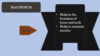 MAGNESIUM
• Helps in the
formation of
bones and teeth
• Helps to maintain
musclesUSES