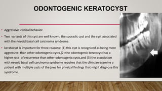 ODONTOGENIC KERATOCYST
• Aggressive clinical behavior.
• Two variants of this cyst are well known; the sporadic cyst and the cyst associated
with the nevoid basal cell carcinoma syndrome.
• keratocyst is important for three reasons: (1) this cyst is recognized as being more
aggressive than other odontogenic cysts,(2) the odontogenic keratocyst has a
higher rate of recurrence than other odontogenic cysts,and (3) the association
with nevoid basal cell carcinoma syndrome requires that the clinician examine a
patient with multiple cysts of the jaws for physical findings that might diagnose this
syndrome.
 