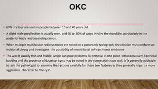 OKC
• 60% of cases are seen in people between 10 and 40 years old.
• A slight male predilection is usually seen, and 60 to 80% of cases involve the mandible, particularly in the
posterior body and ascending ramus.
• When multiple multilocular radiolucencies are noted on a panoramic radiograph, the clinician must perform an
incisional biopsy and investigate the possibility of nevoid basal cell carcinoma syndrome
• The wall is usually thin and friable, which can pose problems for removal in one piece intraoperatively. Epithelial
budding and the presence of daughter cysts may be noted in the connective tissue wall. It is generally advisable
to ask the pathologist to examine the sections carefully for these two features as they generally impart a more
aggressive character to the cyst.
 