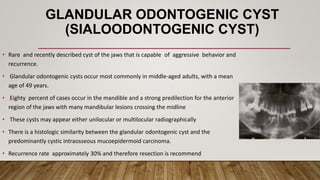 GLANDULAR ODONTOGENIC CYST
(SIALOODONTOGENIC CYST)
• Rare and recently described cyst of the jaws that is capable of aggressive behavior and
recurrence.
• Glandular odontogenic cysts occur most commonly in middle-aged adults, with a mean
age of 49 years.
• Eighty percent of cases occur in the mandible and a strong predilection for the anterior
region of the jaws with many mandibular lesions crossing the midline
• These cysts may appear either unilocular or multilocular radiographically
• There is a histologic similarity between the glandular odontogenic cyst and the
predominantly cystic intraosseous mucoepidermoid carcinoma.
• Recurrence rate approximately 30% and therefore resection is recommend
 