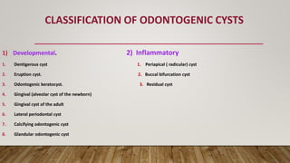 CLASSIFICATION OF ODONTOGENIC CYSTS
1) Developmental. 2) Inflammatory
1. Dentigerous cyst 1. Periapical ( radicular) cyst
2. Eruption cyst. 2. Buccal bifurcation cyst
3. Odontogenic keratocyst. 3. Residual cyst
4. Gingival (alveolar cyst of the newborn)
5. Gingival cyst of the adult
6. Lateral periodontal cyst
7. Calcifying odontogenic cyst
8. Glandular odontogenic cyst
 