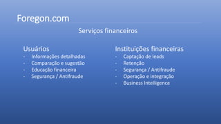 Foregon.com
Serviços financeiros
Instituições financeiras
- Captação de leads
- Retenção
- Segurança / Antifraude
- Operação e integração
- Business Intelligence
Usuários
- Informações detalhadas
- Comparação e sugestão
- Educação financeira
- Segurança / Antifraude
 