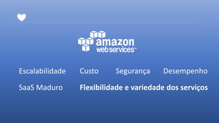 ❤
Escalabilidade Custo Segurança Desempenho
SaaS Maduro Flexibilidade e variedade dos serviços
 