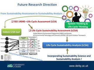  ISO 14040 –Life Cycle Assessment (LCA)
From Sustainability Assessment to Sustainability Analysis
 Life Cycle Sustainability Assessment (LCSA)
United Nations Environment Programme (UNEP) and Society
of Environmental Toxicology and Chemistry (SETAC) Life Cycle Initiative framework
Analytical Approach
System Thinking &
Life Cycle Thinking
Holistic LCSA tool
Future Research Direction
Incorporating Sustainability Science and
Sustainability Analysis !
Life Cycle Sustainability Analysis (LCSA)
 