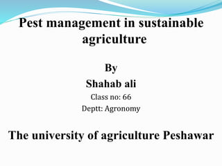 Pest management in sustainable
agriculture
By
Shahab ali
Class no: 66
Deptt: Agronomy
The university of agriculture Peshawar
 